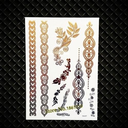 New Large Size India Chains Bracelet Temporary Gold Flash Tattoo Stickers 21x15CM Fake Golden Henna Flower Jewelry Paste Vines