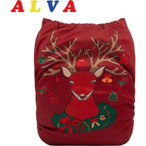 ALVABABY New Positioned Christmas Print Baby Pocket Diaper Eco-friendly Nappy Reusable with 1pc Insert