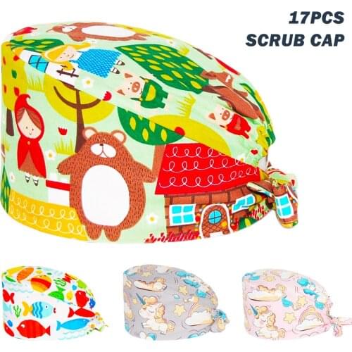 Wholesale New Scrub Cap 100% Cotton Anime Printing Adjustable Nursing Caps Beauty Salon Pet Shop Working Accessories Scrubs Hats