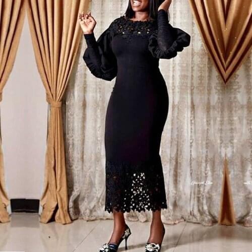 Autumn Party Bodycon Dress Womens Lantern Sleeves Dashiki Dresses African Lace Patchwork Robe African Dresses For Women 2021