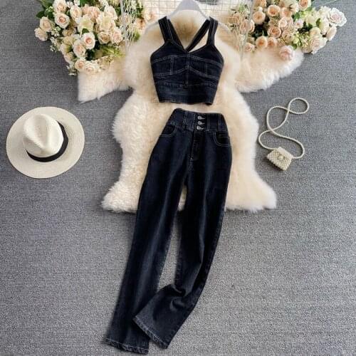 Sexy off-the-shoulder suspender denim vest short top women high waist slim straight leg denim trousers two-piece suit women