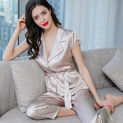 100% Silk Pajamas Women Sleepwear Outside Inside Summer Spring Autumn Mulberry Silk Short-sleeved Two-Piece Casual Daily Suit