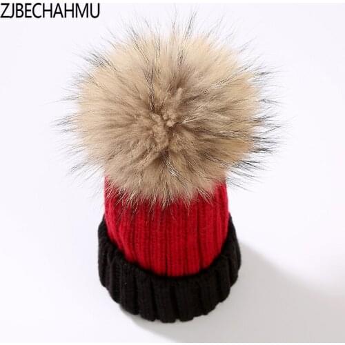 Casual New Real Fox Fur Pompoms 15cm Skullies Beanies Hats For Children Girl Winter Hat Solid Wool Cotton Skullies Beanies Hat