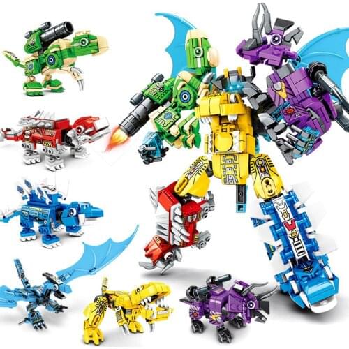 Transformation 6 in 1 City Police Dinosaur Mecha Deformation Guard Robot Enlighten Block Set Kids Educational Building Toys