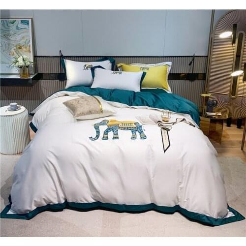 Luxury Elephant And Leopard Embroidery Egyptian Cotton Bedding Set Satin Duvet Cover Set Bed Linen Pillowcases Home Textile