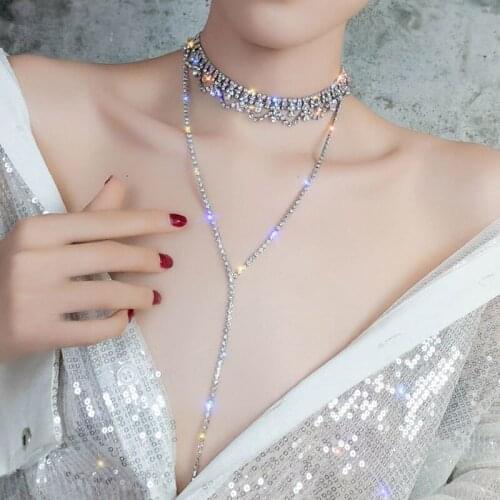 Bling Rhinestone Gold Chain Choker Necklace for Woman Jewelry Fashion Female Long Tassel Pendant Necklaces Friend Gift