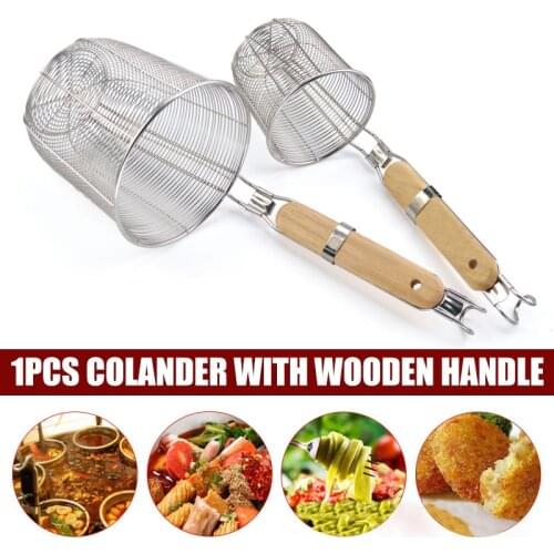 Wooden Handle Strainer Basket Stainless Steel Food Skimmer Kitchen Tool for Noodle Pasta SCVD889