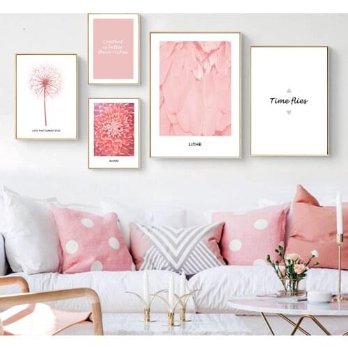 Scandinavian Quote Posters Chrysanthemum Canvas Art Prints Pink Dandelion Feather Painting Picture Pink Bedroom Wall Art Décor