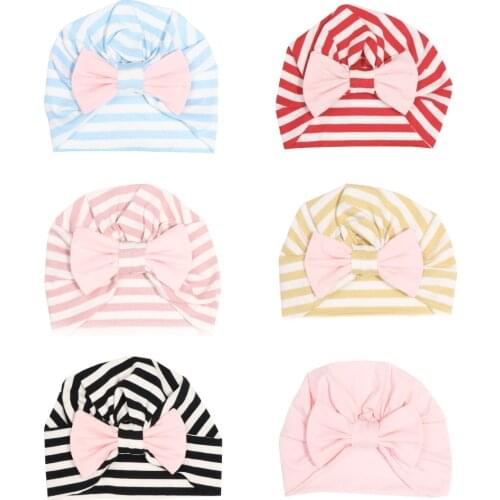 Yundfly Kawaii Soft Baby Girls Stripe Beanie Hat Newborn Removable Bowknots Turban Headwrap Children Knotted Bows Hat