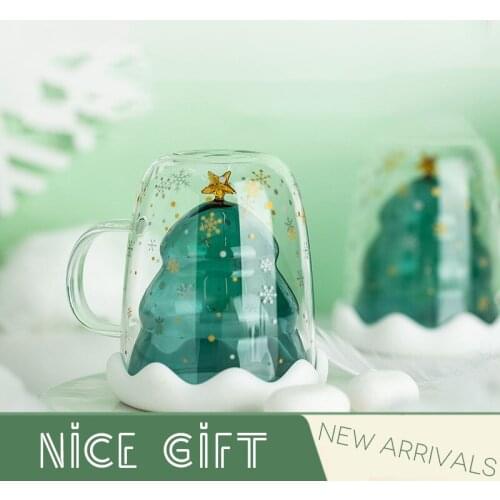 High Quality 300ml Christmas Tree Design Start Wish Cup High Borosilicate Glass Double Wall Coffee Tea Milk Juice Cup