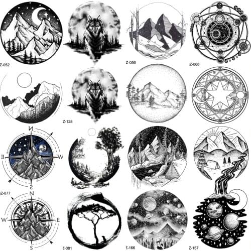 YURAN Black Mountain River Geometric Tattoo Stickers Women Body Arm Moon Temporary Tattoo Men Ankle Wolf Round Fake Tatoo 3D