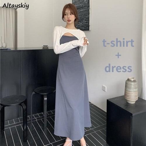 Sets Women All-match Summer Long Sleeve Solid Cropped Design Tees Trendy O-Neck and Slim Temperament Gray Ankle-Length Dress New