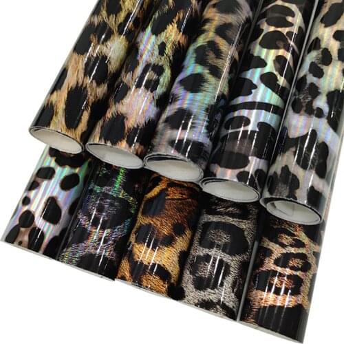 Leopard Vivid Printed Metallic Mirror Reflective PU Artificial Synthetic Leather Fabric Sheet for Making Cover/Craft/Decorative