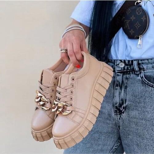 Shoes for Women 2021 New Large Size Metal Buckle Single Shoes Casual Sports Flat Bottom Lace Up Casual Shoes All-match Sneakers