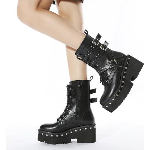 Woman Autumn Ankle Boots Rivet Belt Buckle Gothic Black Womens Boots Platform Punk Boots Chunky Party Dress Ladies Shoes Zipper