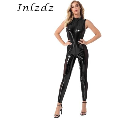 Womens Zipper Leotard Catsuit Clubwear Sheer Mesh Patchwork Wet Look Patent Leather Bodysuit Sleeveless Party Jumpsuit