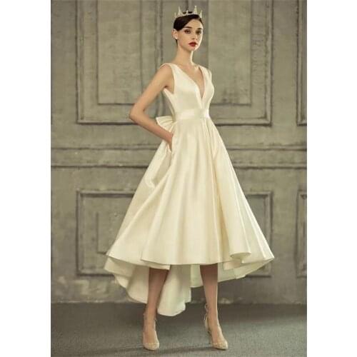 Elegant High-Low Boho Ivory Wedding Dress 2021 Sexy White Wedding Gowns Women V Neck Satin Backless Bow Bride Dresses Party