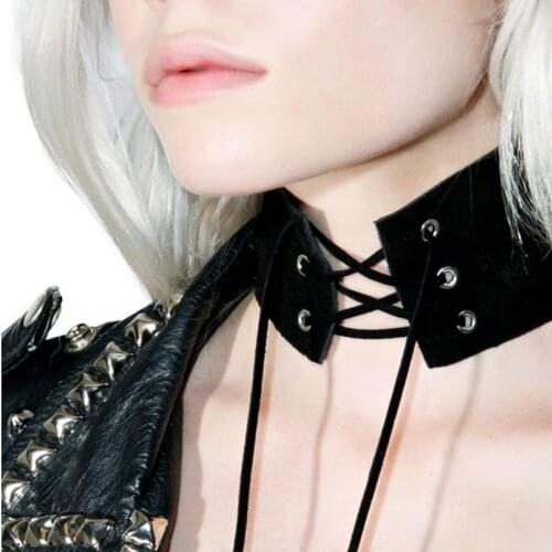 Gothic Vintage Lace Up Anime Choker Necklace Women Jewelery Black Wide Ribbon Chocker Leather Collier #91599