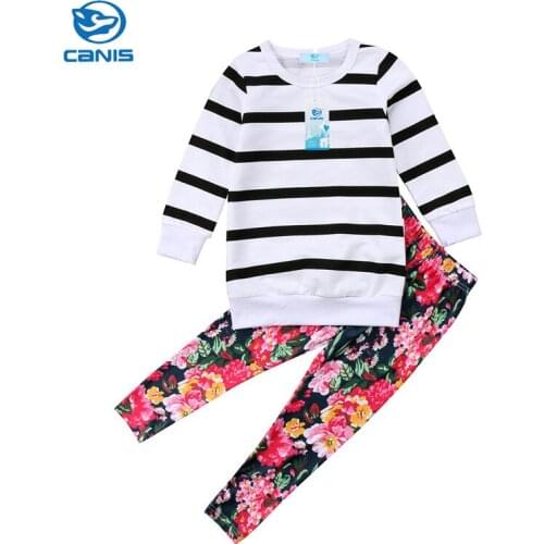 2PCS Spring Toddler Kids Baby Girls Sport Casual Long Sleeve Striped T-Shirt Tops+Flower Pants Leggings Trousers Clothes Sets
