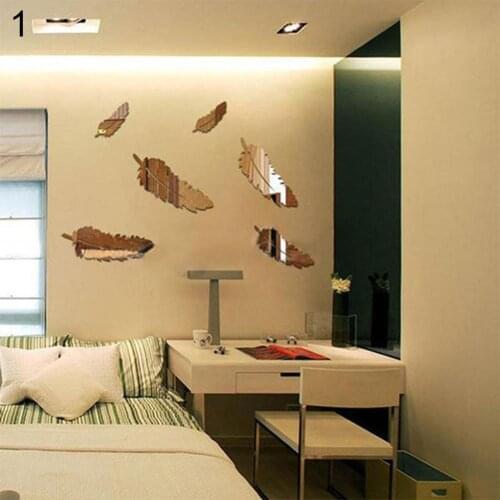 8 Pcs/Set Modern Feather Acrylic Mirror Wall Art Sticker Home Office Decor Gift Wall Stickers Living Bedroom Decorations