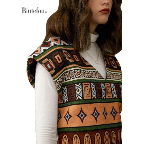 【Biutefou】Original Design 2021 Autumn Women Vintage Literary Embroidery V Neck Pullover Knitted Vest