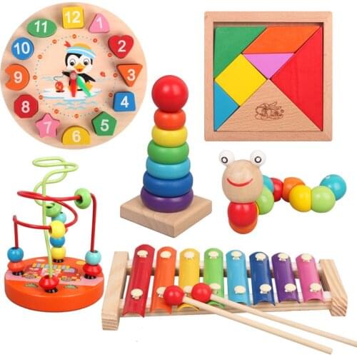 Wooden Toys Kids Montessori Blocks Graphic Cartoon Colorful Early Learning Education Toy Enlightenment Animal Shape Puzzle