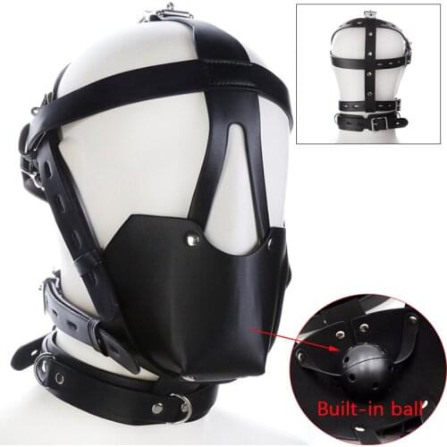 Erotic Leather Hollow Sex Hood Mask Collar With Ball Mouth Gag SM Head Bondage Harness Cosplay Halloween Sex Mask Toy For Couple