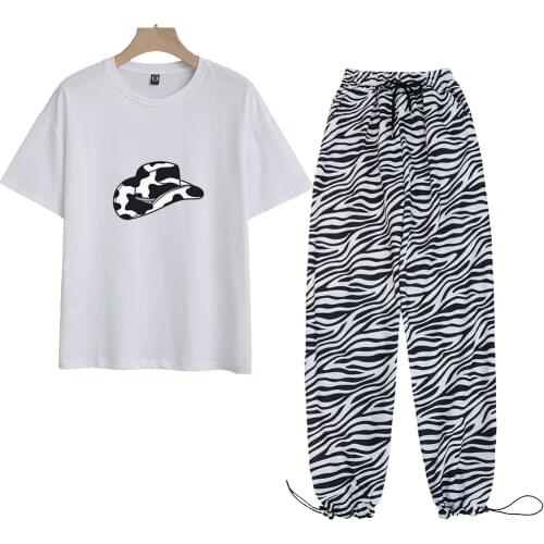Harajuku Dairy Cow Hat T Shirt Aesthetic Cotton Striped Pant All-match Girl High Waist Joggers Vintage Two-piece Suits Ulzzang