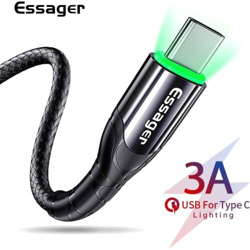 Essager LED USB Type C Cable For Samsung Xiaomi Redmi Note 8 Fast Charging Charger USBC Type-C 3M Wire Cord Mobile Phone Cable