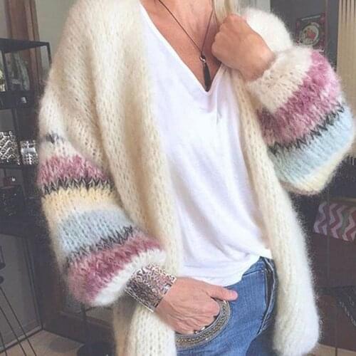 Cardigan Womens Sweater Candy Color Sweater Knit Cardigan Jacket Striped Long Lantern Sleeve Sweater Autumn