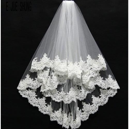 E JUE SHUNG Short Lace Appliques Wedding Veils Two Layer Bridal Veil veu de noiva longo