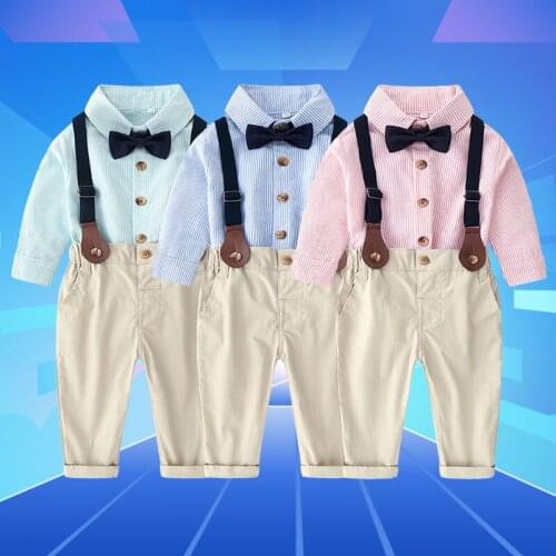 Spring Autumn Baby Boy Suit Childrens Clothing 2-Piece Suit Bow Tie Long Sleeve T-shirt+Suspender Trousers For Girls 0-6 Years
