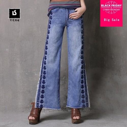 Fashion brand split hoolow cut Wide leg jeans 2020 autumn embroidery demin fabric jeans was thin loose jeans wq186 dropshiping
