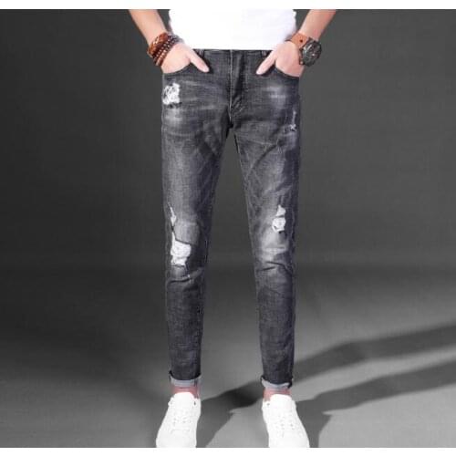 Mens 2019 fashion brand high quality cotton business casual cat must be gray personality hole hole flanging jeans Size 28-36