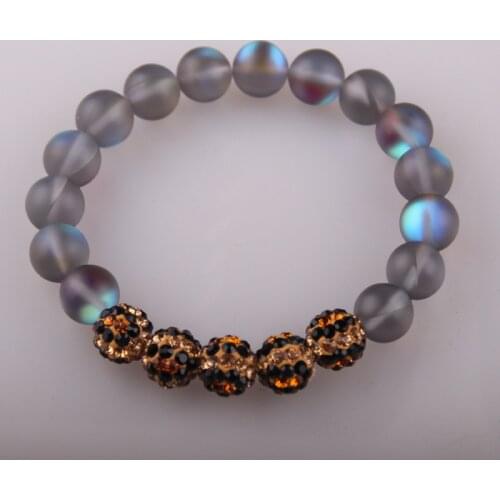 New Fashion Ladies Crystal Pave Ball 10mm Gray Shiny glass Stone Bracelets For Women Stretch Bracelet