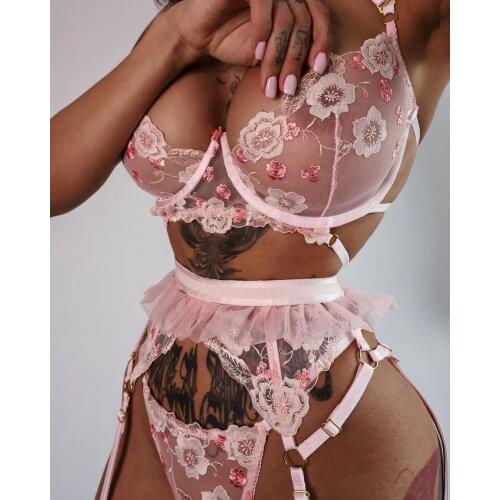 New Summer Fall Womens Sexy Lace Hollow out Wire Bra Thong Garters Suspender Three Piece Sets Nightwear Lingerie