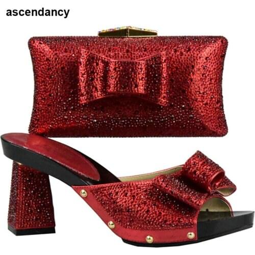 New Arrival Red Color Italian Shoes with Matching Bag Set Decorated with Rhinestone 2017 Italian Lady Matching Shoes and Bag Set