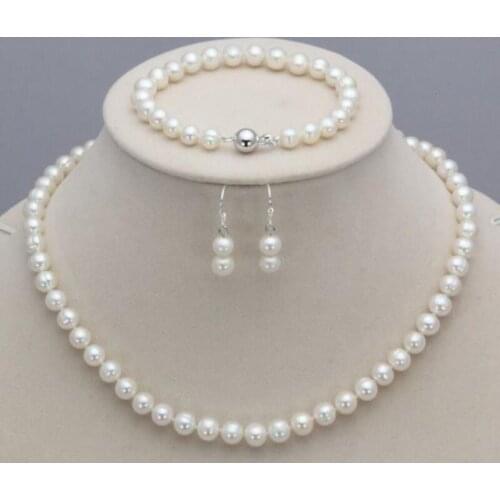 New 7-8mm Natural Freshwater Pearl Necklace Bracelet Earrings Set