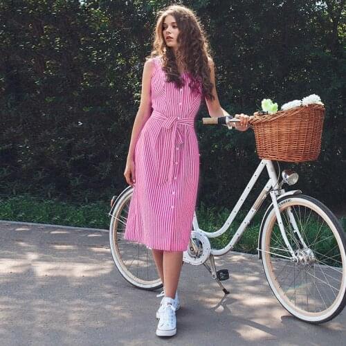 2021 Striped Sleeveless Woman Pink Dress Button Suspender High Wasit Fashion Ladies Dresses Party Beach Summer Clothing Vestidos