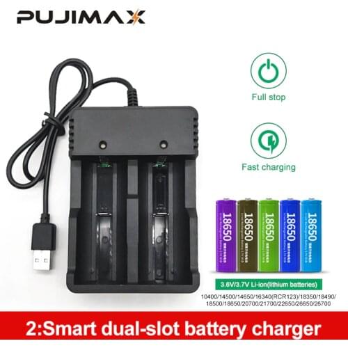 PUJIMAX 18650 battery charger USB 2slots Smart charging 26650 21700 14500 26500 22650 26700 Li-ion Rechargeable Battery charger