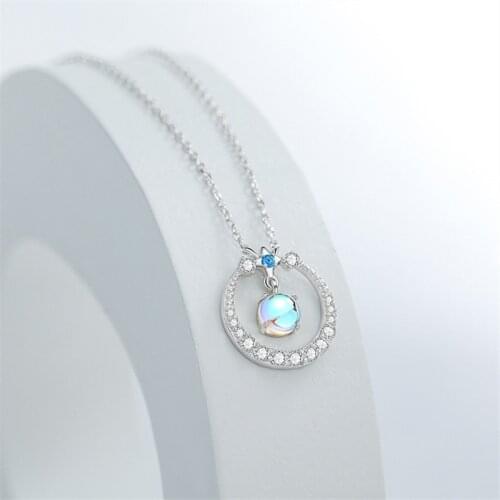 925 Sterling Silver Moonstone Round Bead Charm Pendant Choker Necklace Jewelry For Women dz610