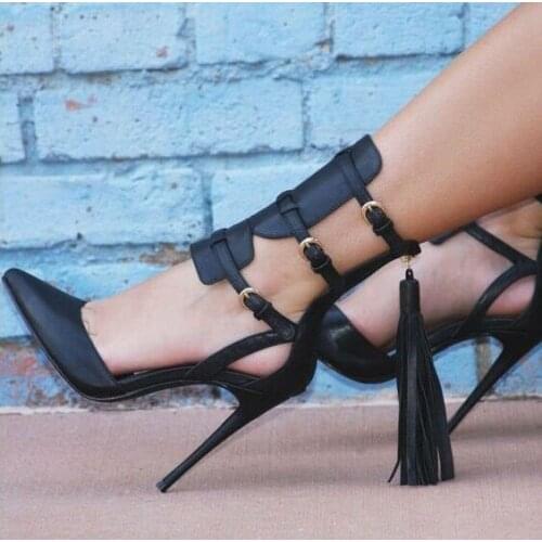 Stylish Black Ankle Corset Back Tassel Pump Zipper Stiletto Heels Buckles Strap Shoes High Heels Pointed Toe Sexy Pumps Women