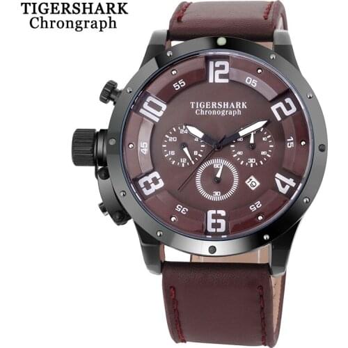 TIGERSHARK Man Sport Watches Top Brand Chronograph Quartz Watch Leather Strap Waterproof Wristwatches With Box Relogio Masculino