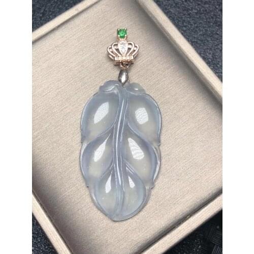 Only One ! Natural Ice Chalcedony Leaf Amulet Pendant Necklace Sweater Chain Jewelry Gift Wholesale