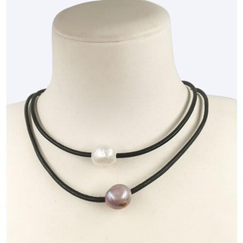 High quality Real leather natural keshi baroque pearl pendant necklace 100% nature freshwate,stainless steel clasp