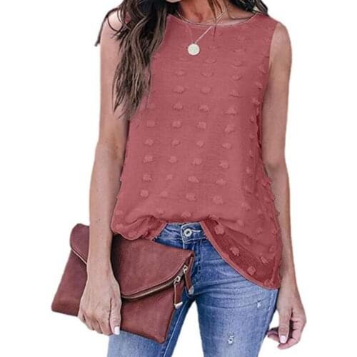 Women Sleeveless Crewneck Tank Top Double Layer Chiffon Swiss Dot Blouse Vest