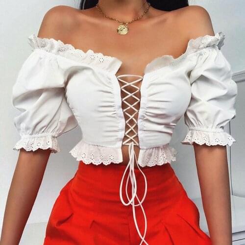 Off Shoulder Sexy Shirt tops For Women Sexy Fashion Bandage Lace-up hollow out Lace Strappy Crop top Lady High street Club Shirt