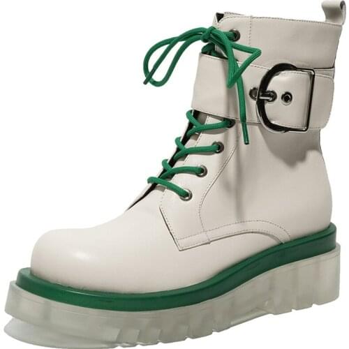 Winter Genuine Leather Handmade Platform Women Boots Buckle Strap Cross Tied Zipper Round Toe Height Increasing Thick Sole Shoes