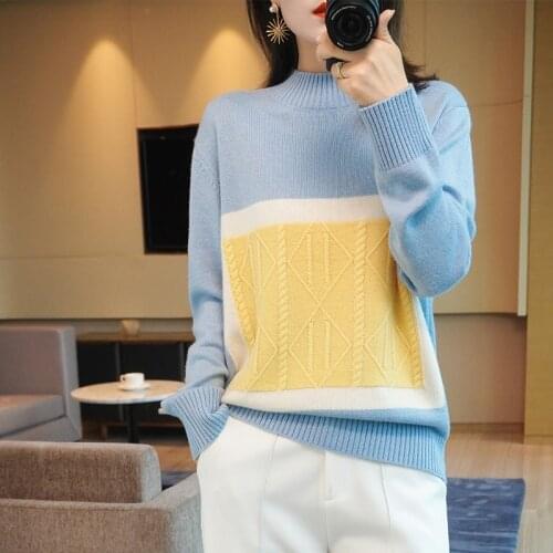 20 Autumn and winter new cashmere sweater womens half high neck color-block pullover sweater loose fashion 100% wool Sweater