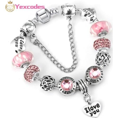 Womens LOVE Pendant Silver Bracelet Women DIY Crystal Beads Fine Bracelet Women Pulseira Jewelry Girlfriend Bracelets Gifts